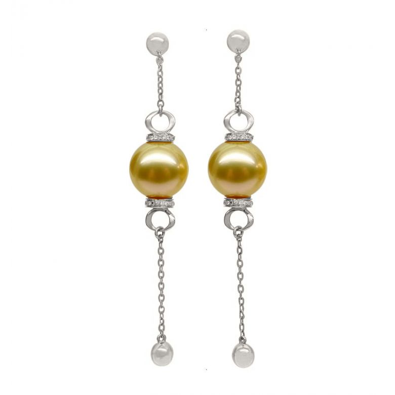 Pendants d'oreilles. Chainettes Or blanc, perles d'Australie dorée et diamants - 1