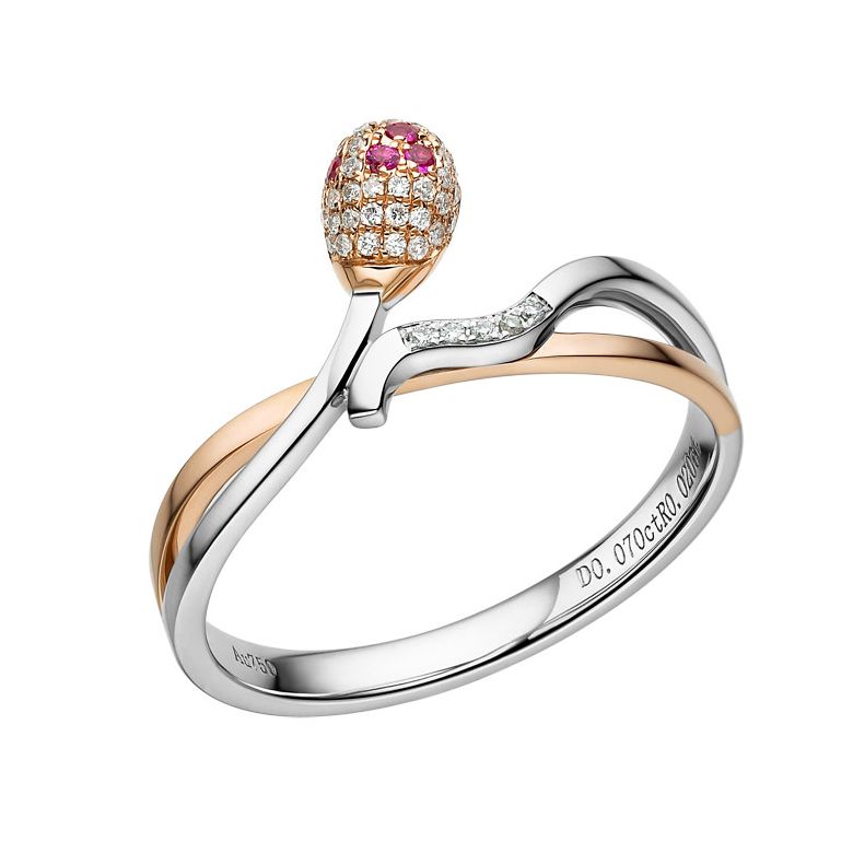 Bague 2 ors - Or blanc et rose - Allumette diamantée - Diamants, rubis - 1
