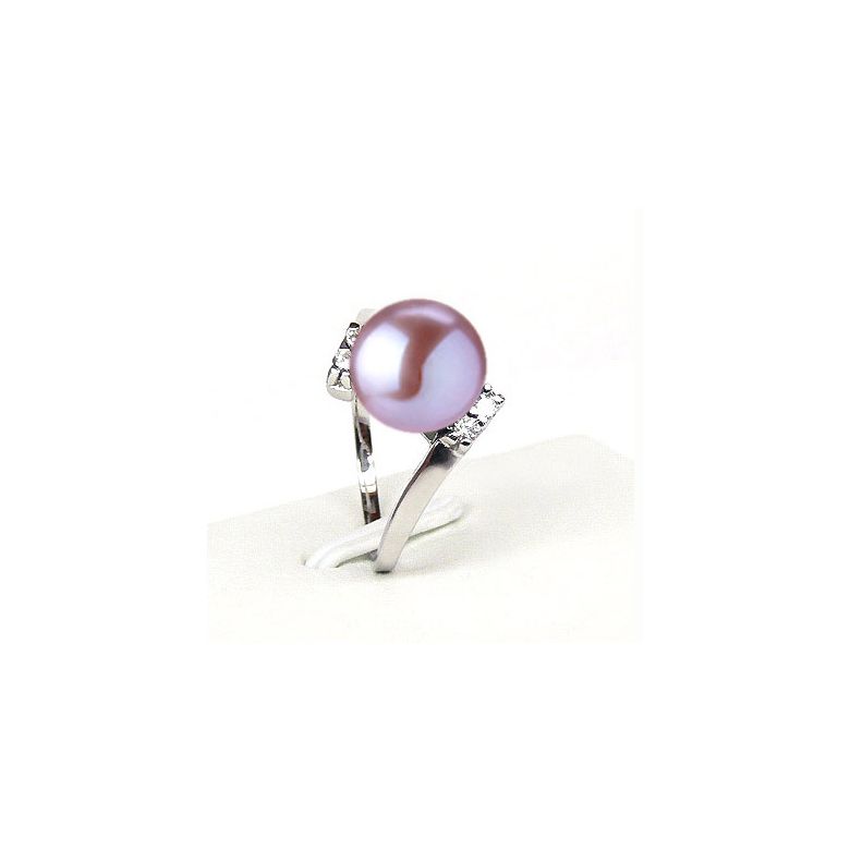 Bague ondulée solitaire - Or blanc, diamants - Perle lavande culture - 2