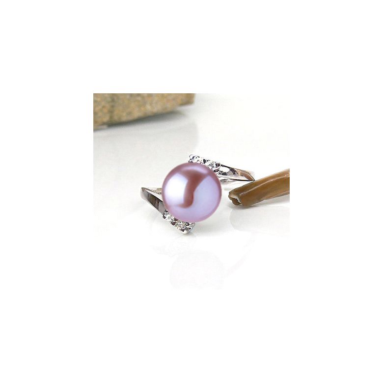 Bague ondulée solitaire - Or blanc, diamants - Perle lavande culture - 3