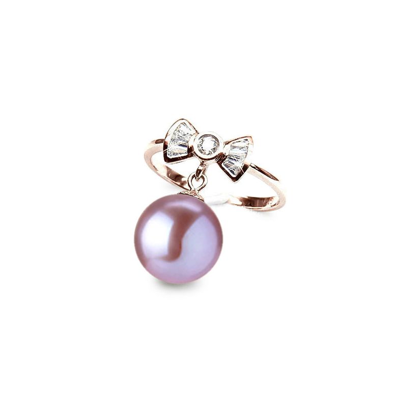 Bague noeud papillon - Or rose, diamants, perle de culture - 1