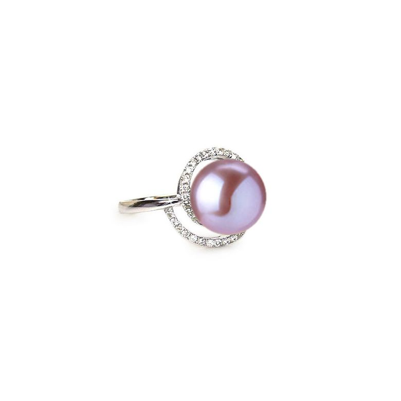 Bague perle d'eau douce lavande - Encerclement d'or blanc et diamants - 1
