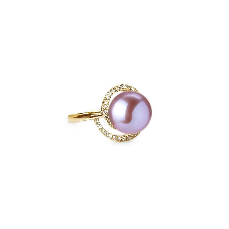 Bague perle d'eau douce lavande - Encerclement d'or jaune et diamants - 1