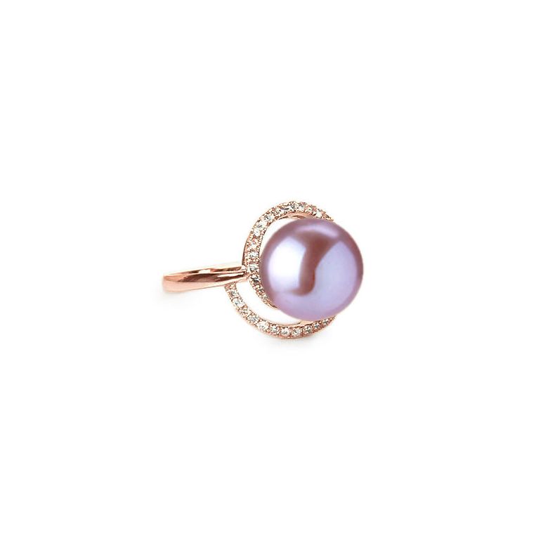 Bague perle d'eau douce lavande - Encerclement d'or rose et diamants - 1