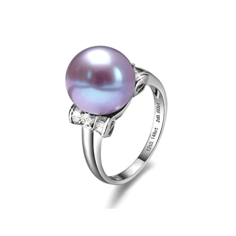 Bague or perle de culture - Perle lavande Chine - Or blanc, diamants - 1