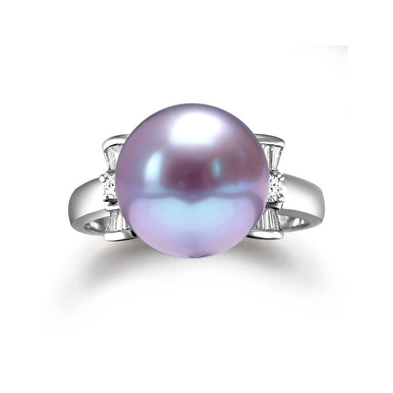 Bague or perle de culture - Perle lavande Chine - Or blanc, diamants - 3