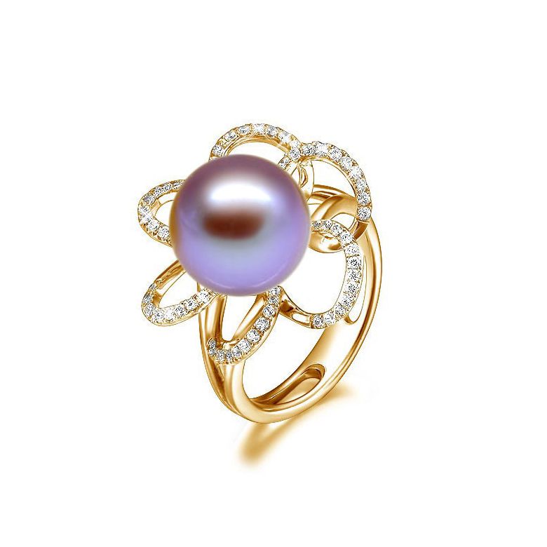 Bague fleur perlée blanche - Pétales or jaune - Perle culture Chine - 6