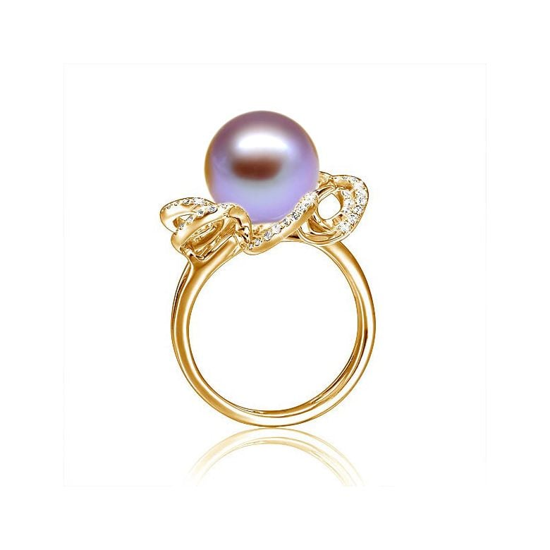 Bague fleur perlée lavande - Pétales or jaune - Perle culture Chine - 4