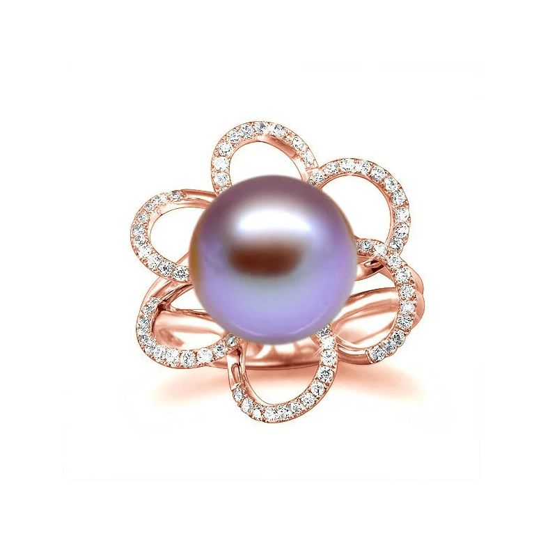 Bague fleur perlée lavande - Pétales or rose - Perle culture Chine - 3