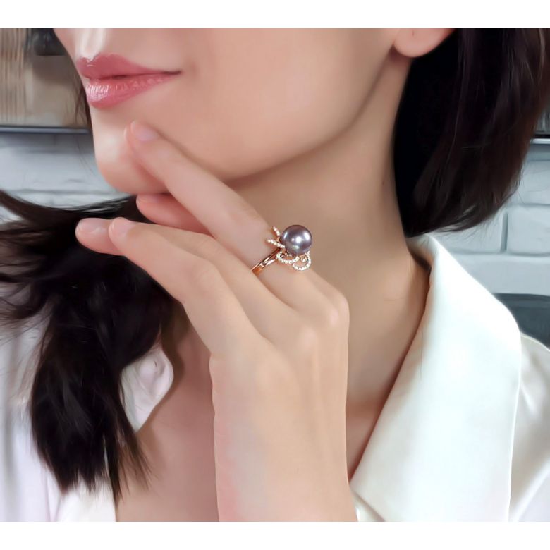 Bague fleur perlée lavande - Pétales or rose - Perle culture Chine - 6