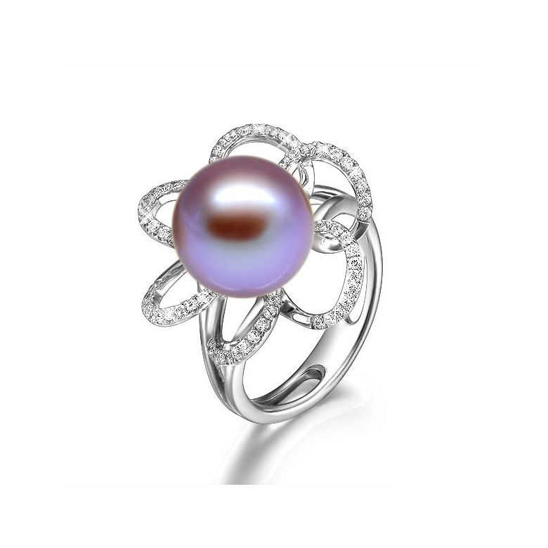 Bague fleur perlée - Pétales or blanc, diamants - Perle lavande chinoise - 1