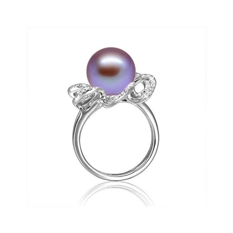Bague fleur perlée - Pétales or blanc, diamants - Perle culture Chine - 7