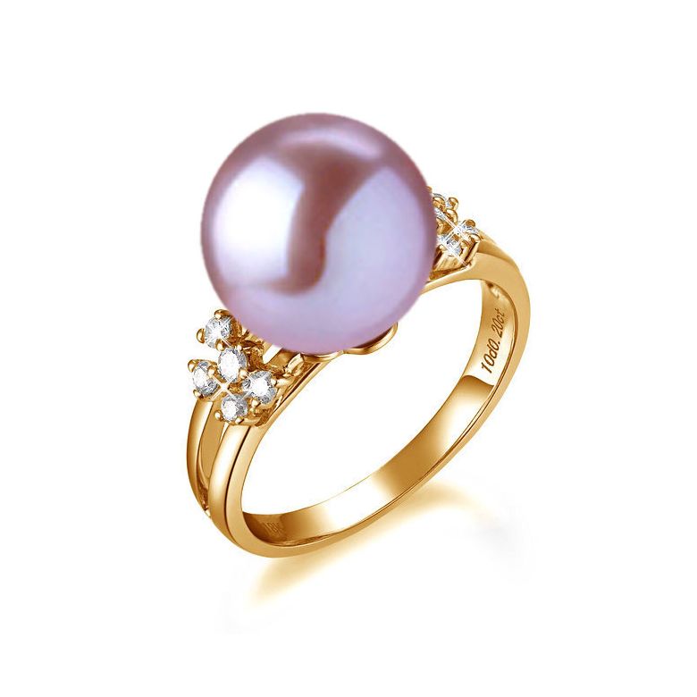 Bague anneau doublé or jaune - Perle lavande Chine et diamants sertis - 1