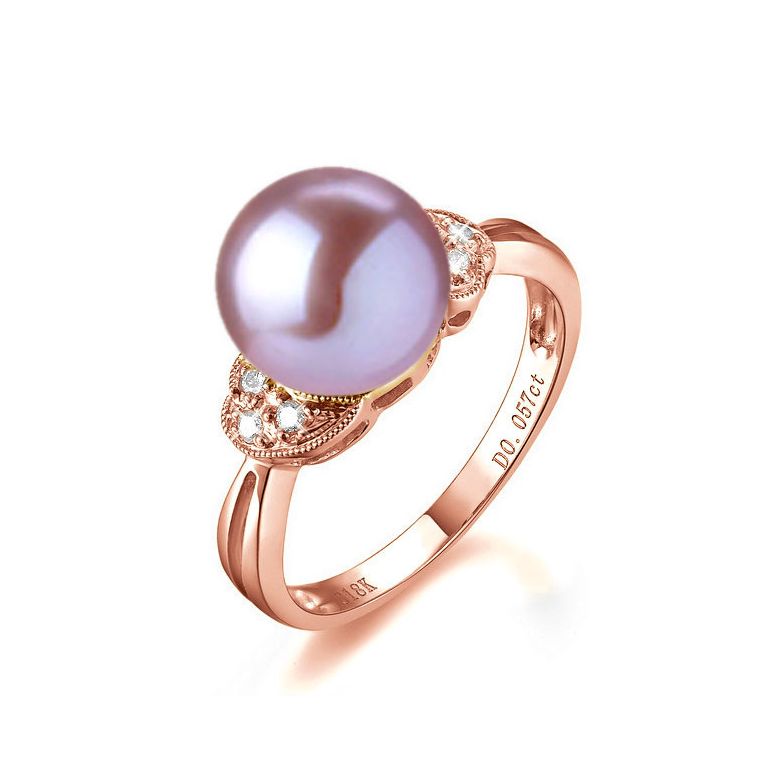 Bague perle Chine - Perle d'eau douce lavande - Diamants, or rose - 1
