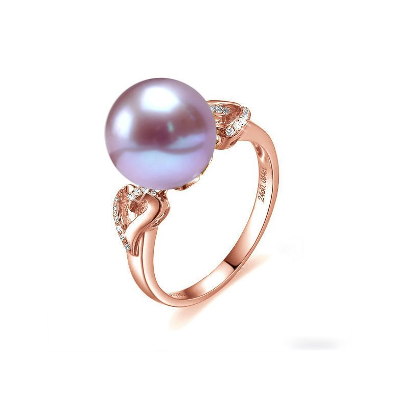 Bague coeur de perle diamanté - Or rose et Perle d'eau douce Lavande - 1