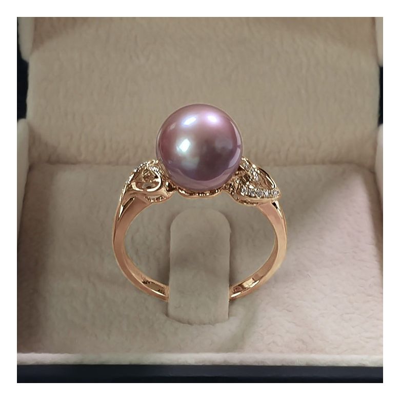 Bague coeur de perle diamanté - Or rose et Perle d'eau douce Lavande - 5