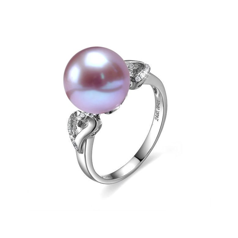 Bague coeur de perle diamanté - Or blanc et Perle d'eau douce lavande - 1