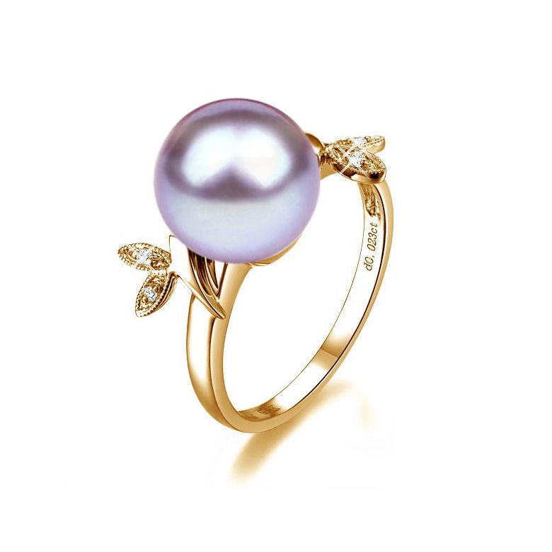 Bague Perle Lavande, Or Jaune Diamant. Feuilles Étincelantes  - 1