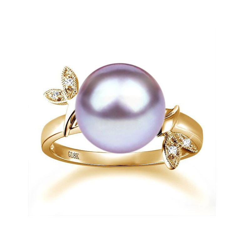 Bague Perle Or Jaune Diamant. Feuilles Étincelantes  - 6