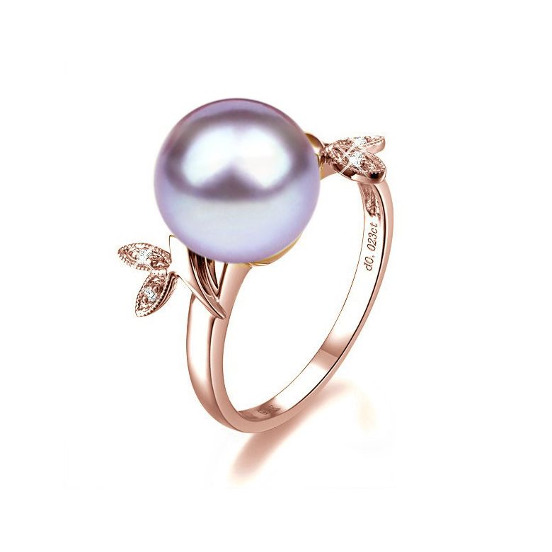 Bague Perle Lavande, Or Rose Diamant. Feuilles Étincelantes  - 1