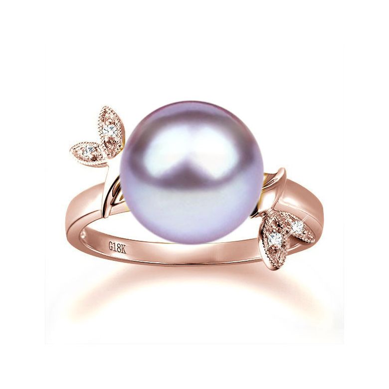 Bague Perle Lavande, Or Rose Diamant. Feuilles Étincelantes  - 2