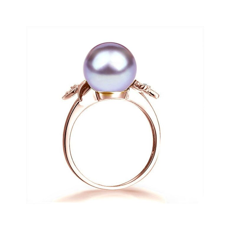 Bague Perle Lavande, Or Rose Diamant. Feuilles Étincelantes  - 3