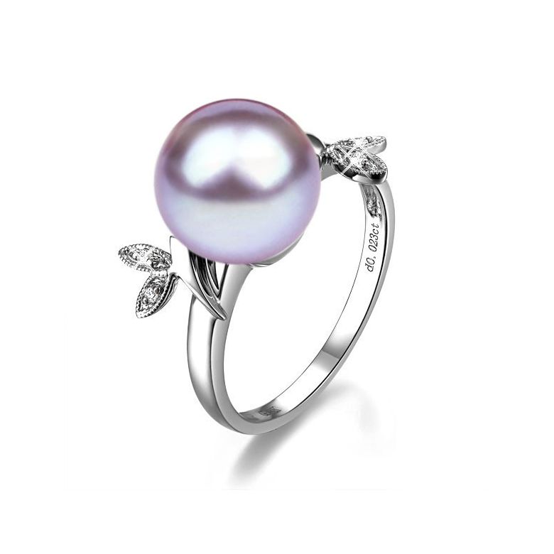 Bague Perle Lavande, Or blanc Diamant. Feuilles Étincelantes  - 1