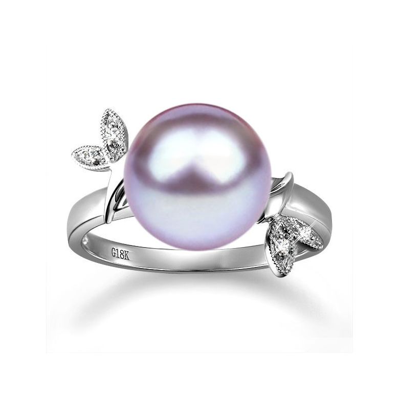 Bague Perle Or Blanc Diamant. Feuilles Étincelantes  - 6