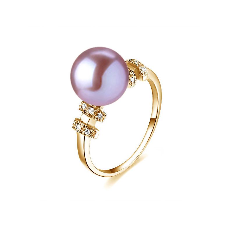Bague moderne femme en or jaune - Perle eau douce lavande - Diamants - 1