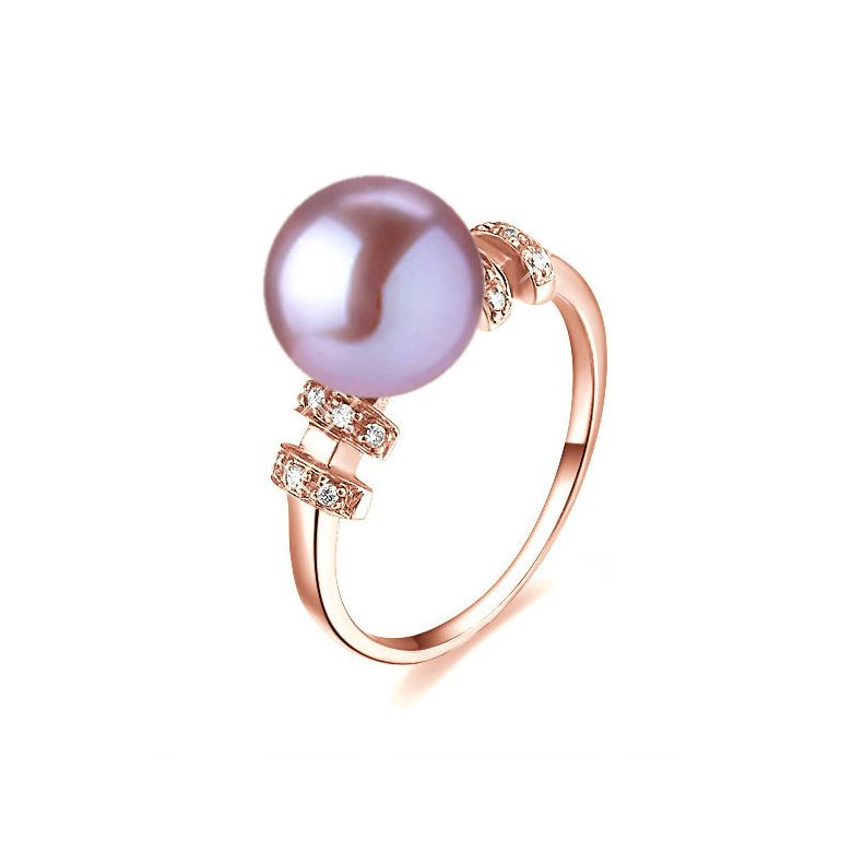 Bague moderne femme en or rose - Perle eau douce lavande - Diamants - 1