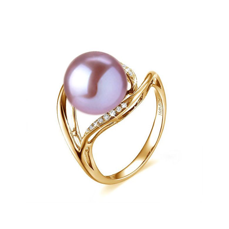 Bague femme perle - Or jaune, diamants - Perle de culture lavande - 1