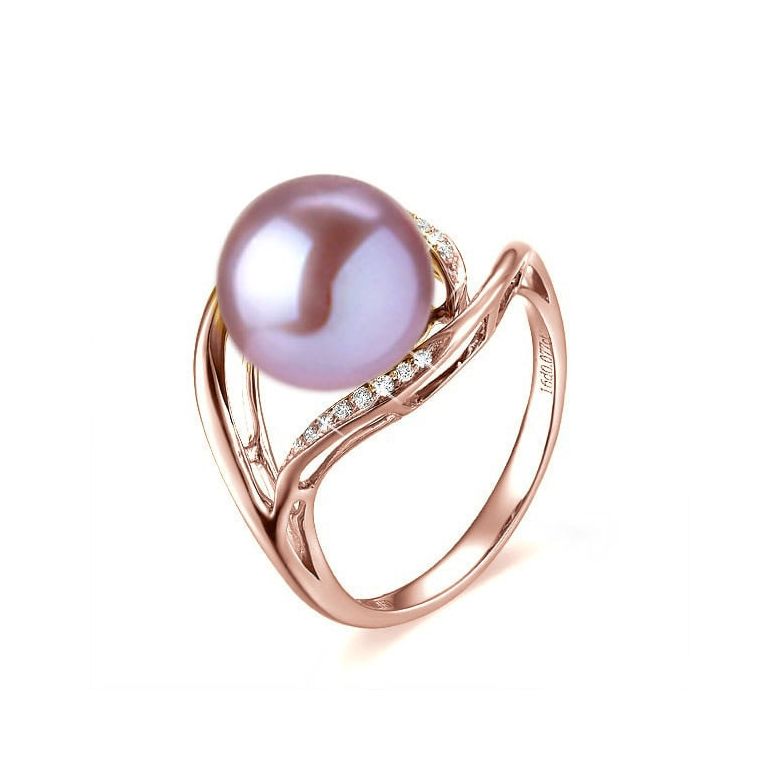 Bague femme perle - Or rose, diamants - Perle de culture lavande - 1