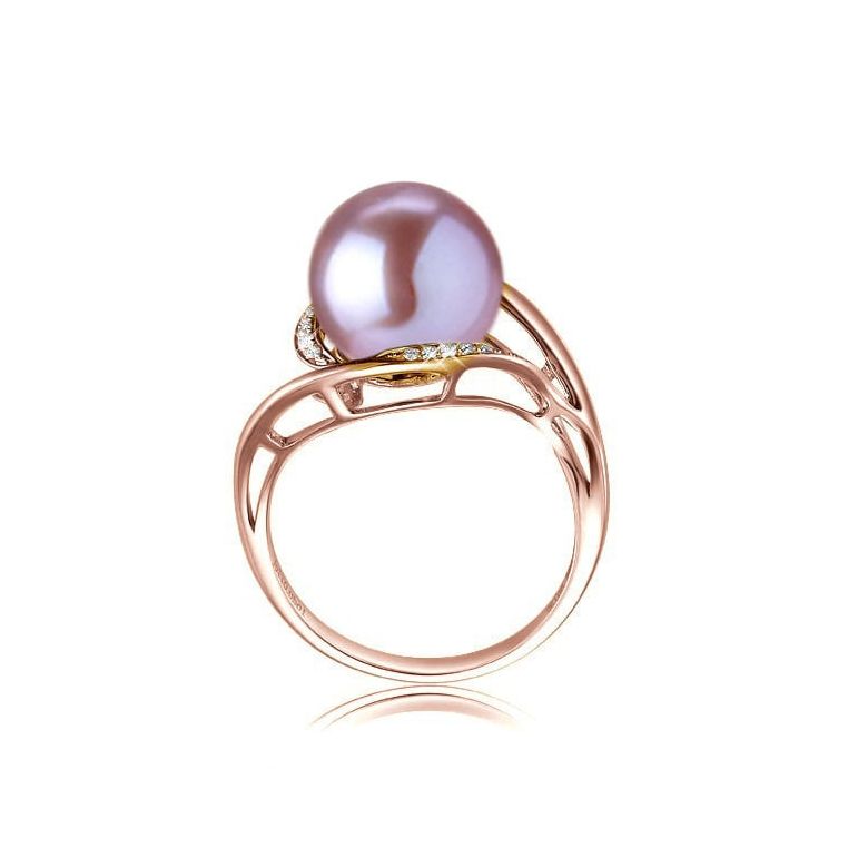 Bague femme perle - Or rose, diamants - Perle de culture lavande - 2