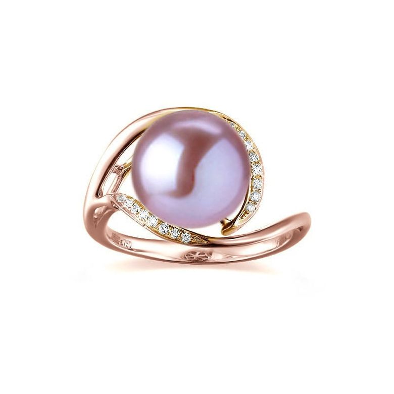 Bague femme perle - Or rose, diamants - Perle de culture lavande - 3