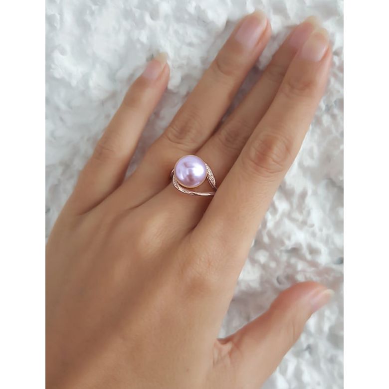 Bague femme perle - Or rose, diamants - Perle de culture lavande - 5