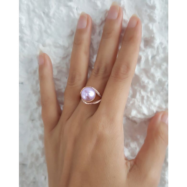 Bague femme perle - Or rose, diamants - Perle de culture lavande - 6