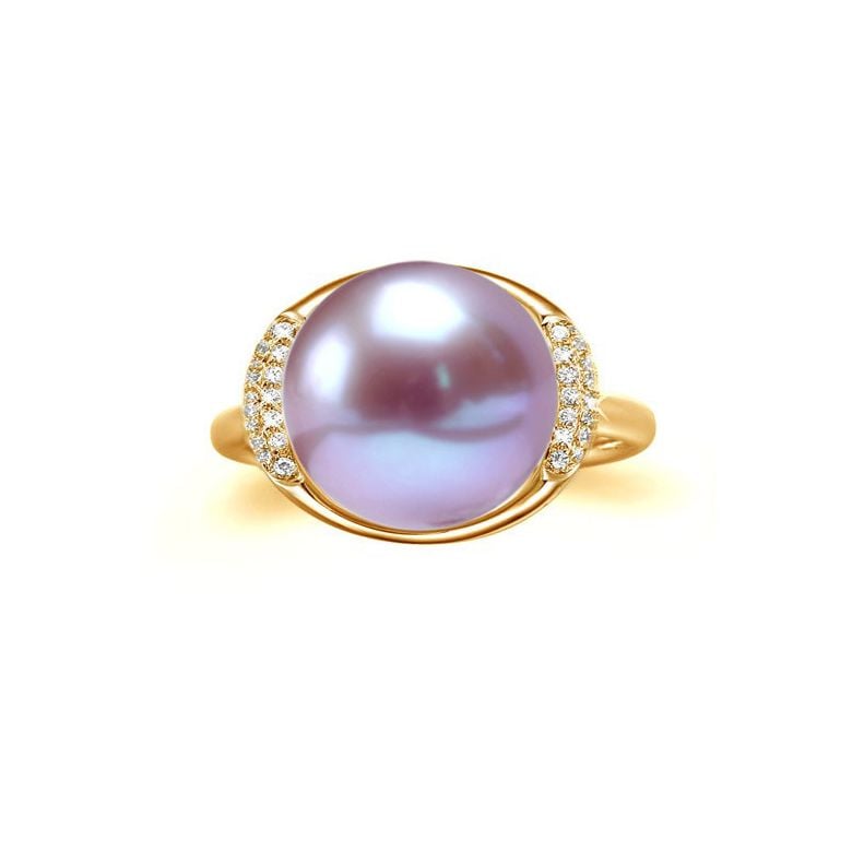 Bague perle d'eau douce et or jaune - Plateau circulaire en diamants - 10