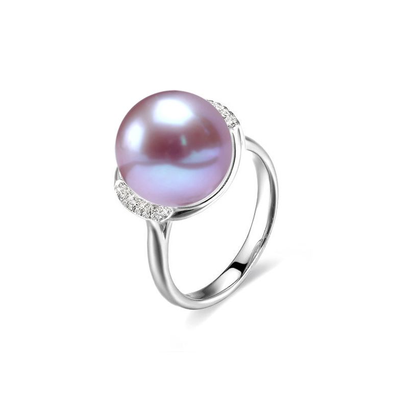 Bague perle d'eau douce et or lavande - Plateau circulaire en diamants - 1