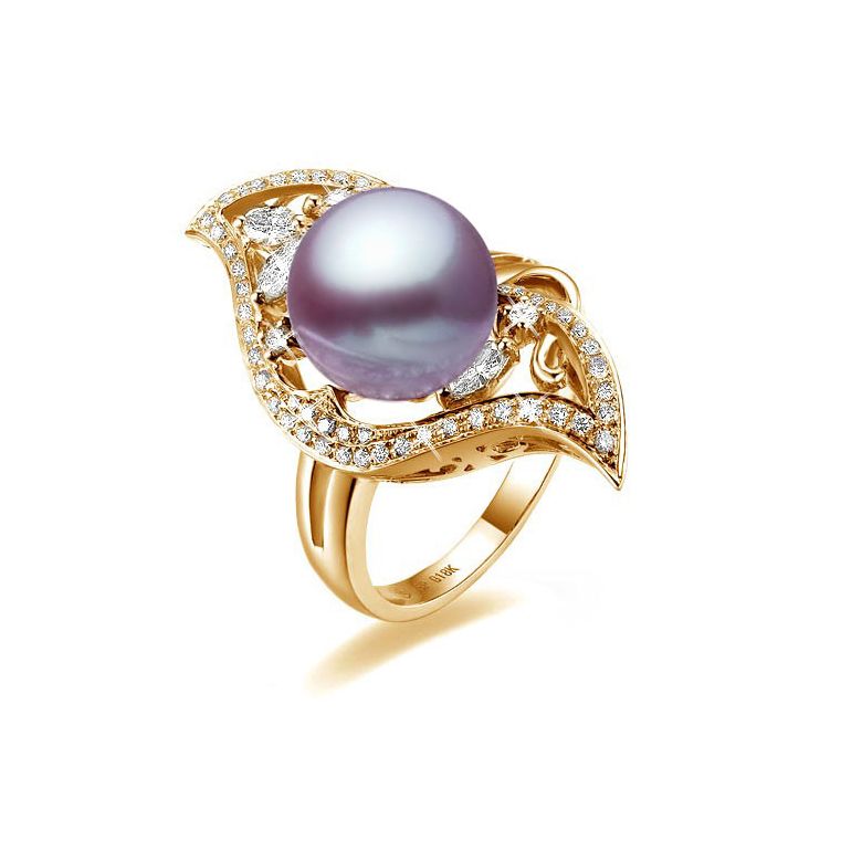 Bague végétale or jaune - Perle eau douce lavande de culture, Diamants - 1
