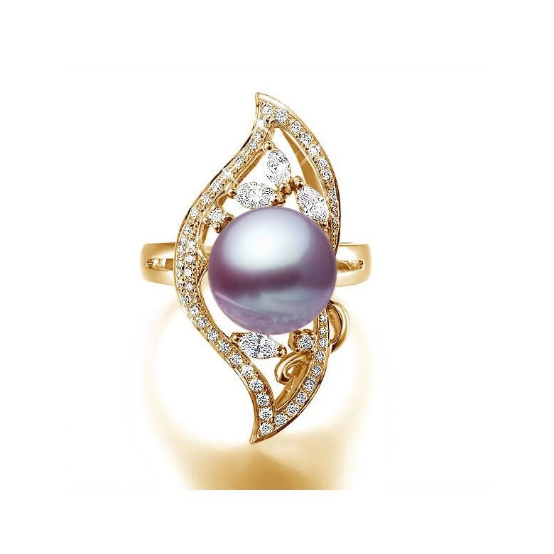 Bague végétale or jaune - Perle eau douce blanche de culture, Diamants - 7