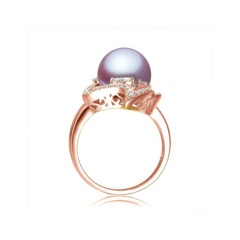 Bague végétale or rose - Perle eau douce lavande de culture, Diamants - 3