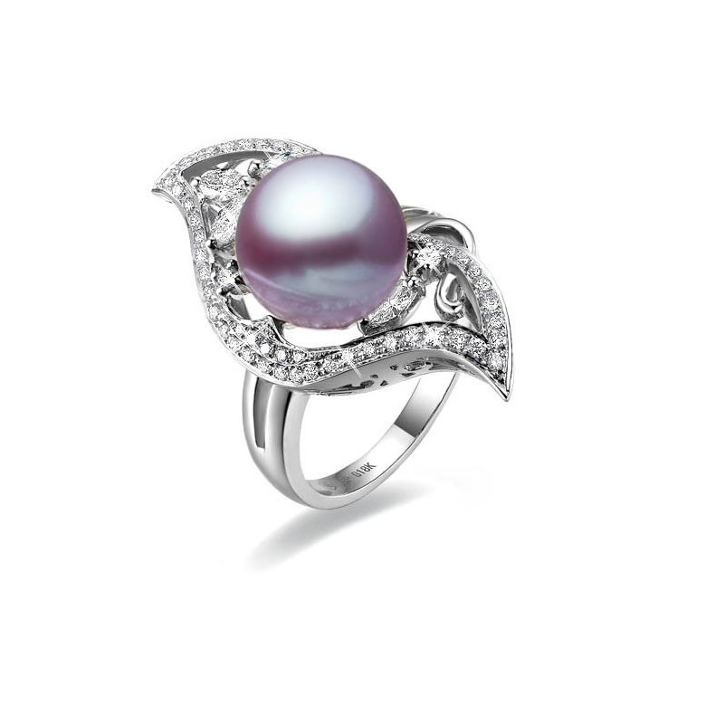 Bague végétale or blanc - Perle eau douce blanche de culture, Diamants - 6