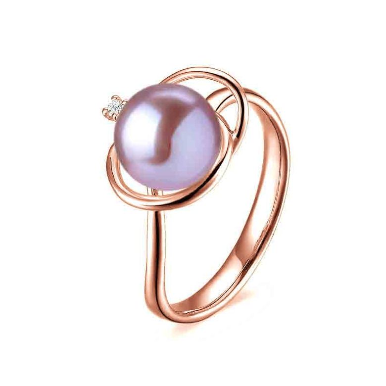 Bague perle d'eau douce lavande - 9.5/10mm, AAA - Or rose, diamant - 1
