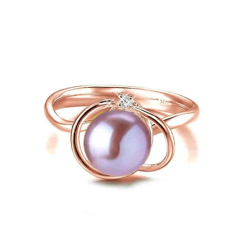 Bague perle d'eau douce lavande - 9.5/10mm, AAA - Or rose, diamant - 2