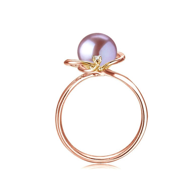 Bague perle d'eau douce lavande - 9.5/10mm, AAA - Or rose, diamant - 3