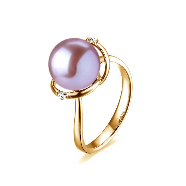 Bague or jaune style circulaire - Perle de culture - 2 diamants sertis - 1
