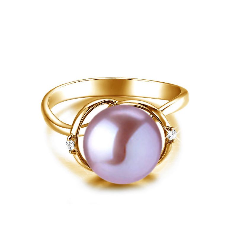 Bague or jaune style circulaire - Perle de culture - 2 diamants sertis - 2