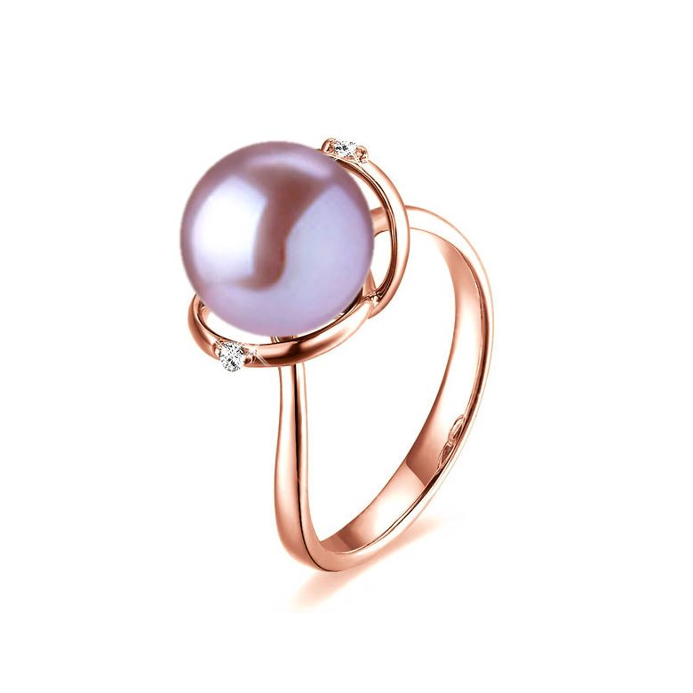 Bague or rose style circulaire - Perle de culture - 2 diamants sertis - 1