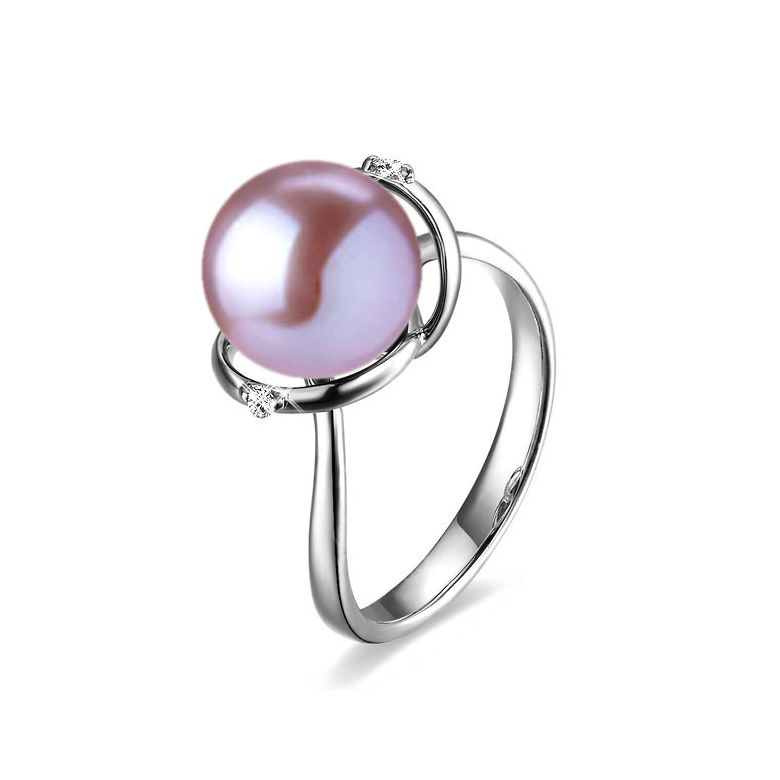 Bague or blanc style circulaire - Perle de culture - 2 diamants sertis - 1