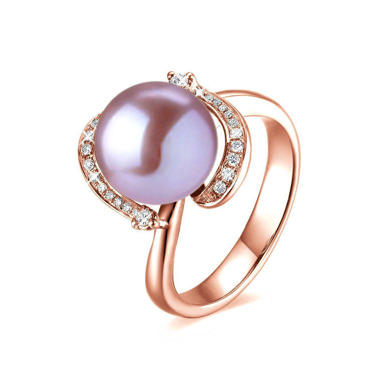 Bague voluptueuse or rose et perle de culture lavande - Diamant pavé - 1